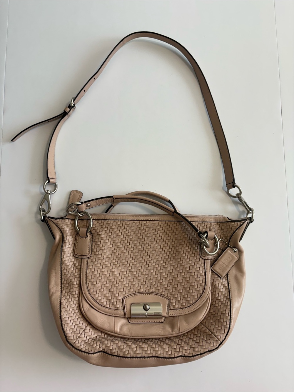 Coach Kristen Woven Leather Shoulder Bag in Beige Pink Tuberose